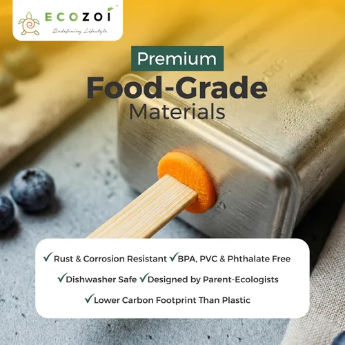 Vista 6 de ecozoi Moldes de Paletas de Acero Inoxidable y Estante - 10 Moldeadores de Paletas de Hielo Cuadrados + 50 Palitos de Bambú Reutilizables + 20