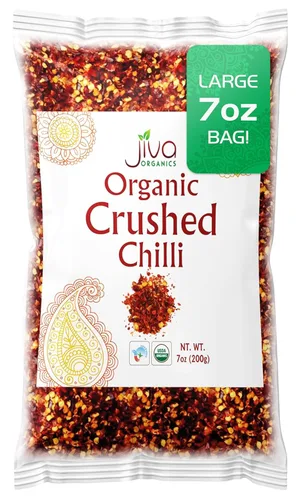 Jiva Organic Chili Flakes Bolsa de 7 onzas – Pimiento rojo triturado de calor medio, 100% natural y sin OMG