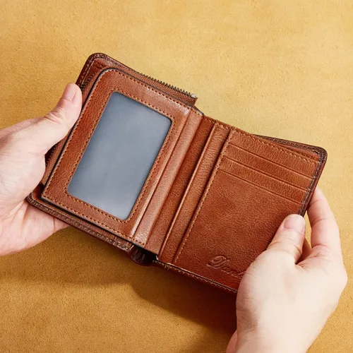 Vista 3 de Cartera de cuero genuino para hombre, con bloqueo RFID, plegable, con cremallera, bolsillo para monedas, multitarjetero, color marrón, Marrón, Retro