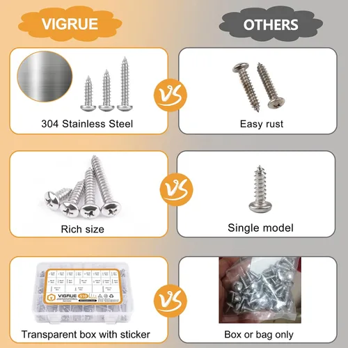 Vista 5 de VIGRUE 510Pcs Kit de surtido de tornillos de acero inoxidable para madera, juego de tornillos autorroscantes Phillips de cabeza plana para chapa