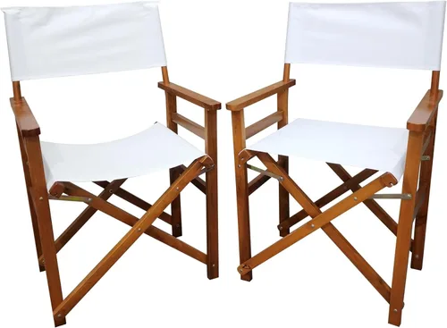 Folding Director Chair Set of 2 – White Wood and Canvas Foldable Chairs for Indoor Outdoor Use, Portable Populus Frame Seating