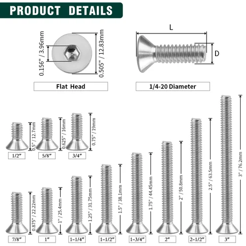 Vista 7 de Tornillos de cabeza avellanada plana 1/4-20 x 1, cobertura completa de rosca de máquina, unidad hexagonal Allen, acero inoxidable 304 18-8 SS, 25