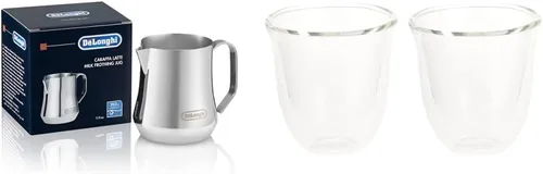 De'Longhi Jarra espumadora de leche de acero inoxidable, 12 onzas (11.8 fl oz), herramienta barista, jarra espumadora, 12 onzas y vasos térmicos