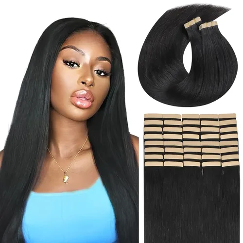 Vista 30 de Lashey Extensiones de Cabello Humano con Cinta Adhesiva Negro Natural 100% Remy Cabello Humano Liso Extensiones de Cabello con Cinta Largas de 24