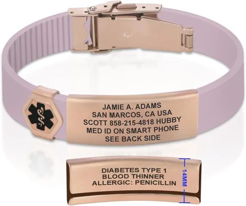 Vista 163 de Divoti Pulsera de identificación de alerta médica grabada personalizada, grabado láser de doble cara (hasta 9 líneas), pulsera de silicona ajustable