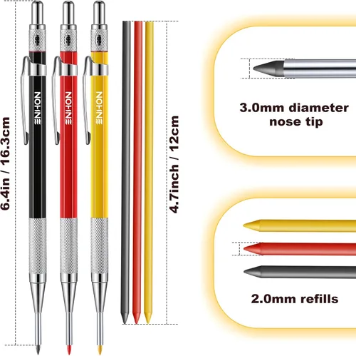 Vista 4 de Enhon Juego de 3 lápices de carpintero mecánico de 0.079 pulgadas con 36 recambios de marcadores y sacapuntas, herramienta de marcado de carpintería