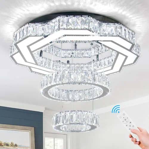Vista 13 de 40 cm Moderna lámpara de araña de cristal con 2 anillos, lámpara de techo redonda de montaje empotrado con flores LED, lámparas de araña regulables
