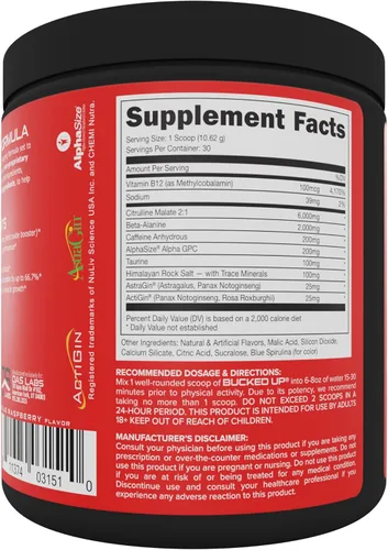 Vista 3 de Bucked Up Pre Workout 6 gramos de citrulina, 2 gramos de beta alanina y 3 otros ingredientes de marca registrada (Blue Raz)