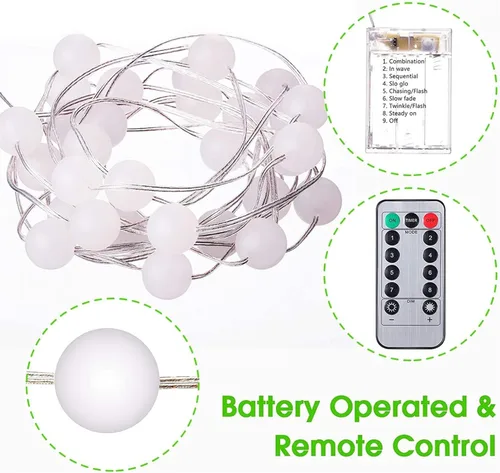 Vista 7 de Hiboom 1 paquete de luces de cadena de bolas globo, 10 pies, 30 LED, 8 modos de iluminación, operadas con batería, luces de hadas con control remoto