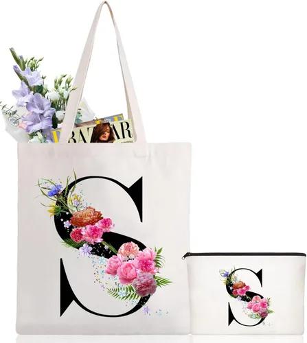 Vista 21 de Andeiltech - Bolsa de lona con inicial floral, personalizada, bolsa de maquillaje con monograma, regalo para damas de honor, cumpleaños, boda