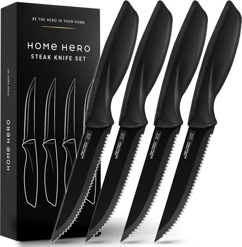 Juego de Cuchillos para Carne Home Hero - Corte Sin Esfuerzo y Cuchillos para Carne Serrados - Hojas de Acero Inoxidable Resistente a la Oxidación y