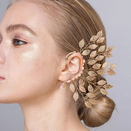 Vista 3 de CROWN GUIDE Aretes de hada de elfo para mujer, aretes de clip hechos a mano de moda, sin perforar, aretes de cristal, regalos de joyería