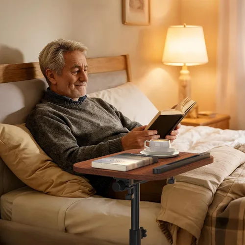 Vista 7 de Mesa de bandeja de TV, altura ajustable, abatible, mesa auxiliar de aperitivos con giro de 360° e inclinación de 180°, mesa auxiliar en forma de C