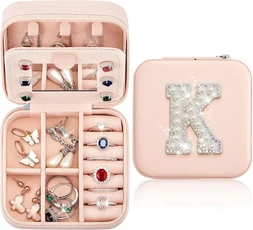 Joyero de viaje con inicial, mini organizador de joyas rosa con espejo, anillo de viaje, aretes, soporte de joyería para mujeres, niñas, mamá,