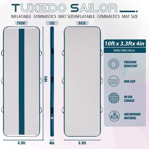 Vista 2 de Tuxedo Sailor Inflatable Gymnastics Mat with Electric Pump, Storage Bag, Repair Kit–Air Mat for Home Training, Cheerleading, Yoga