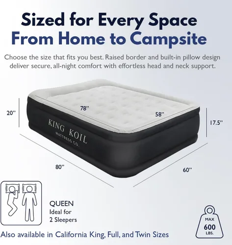 Vista 2 de King Koil Colchón de aire de lujo Queen con bomba de aire integrada, almohada premium inflable Airbed para invitados, camping y hogar