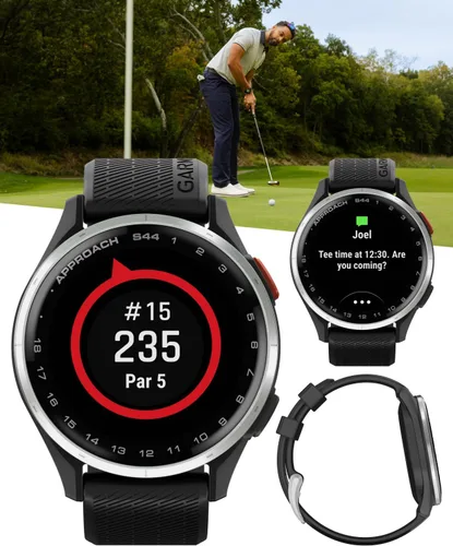 Vista 4 de Garmin Approach S44 GPS Reloj inteligente de golf con bisel de aluminio plateado y banda de silicona negra con paquete de batería portátil Wearable4U