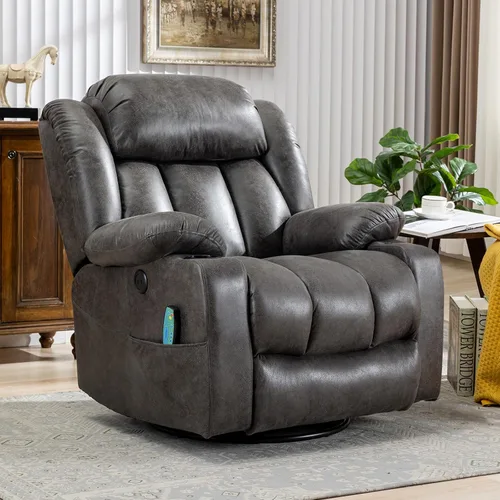 MEETWARM Massage Swivel Rocker Recliner with Heat and Vibration, Manual Glider Rocking Recliner Chair, 360°Swivel Lounge Reclining Chair with Cup