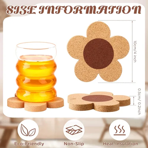 Vista 2 de Foaincore 48 posavasos gruesos de corcho con flores para bebidas de 4 pulgadas, absorbentes, reutilizables, de madera rústica, para café, vino