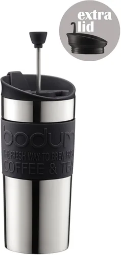Vista 2 de BODUM Juego de cafetera de prensa francesa de viaje, acero inoxidable con tapa adicional, al vacío, 0.35 L/12 oz, negro