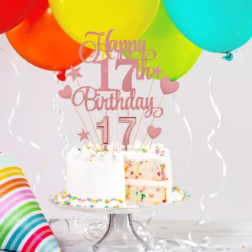 Vista 5 de El juego de decoraciones para pasteles de cumpleaños de 17 incluye velas de cumpleaños número 17 y adornos para tartas de feliz cumpleaños de 17