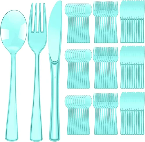 Vista 12 de Minatee Juego de 150 piezas de cubiertos desechables de plástico, juego de cubiertos de acero inoxidable resistente, 50 tenedores, 50 cuchillos, 50