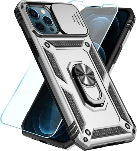 Vista 35 de SunStory Funda compatible con iPhone 12/12 Pro con protector de pantalla HD, cubierta de cámara deslizante y soporte de anillo giratorio