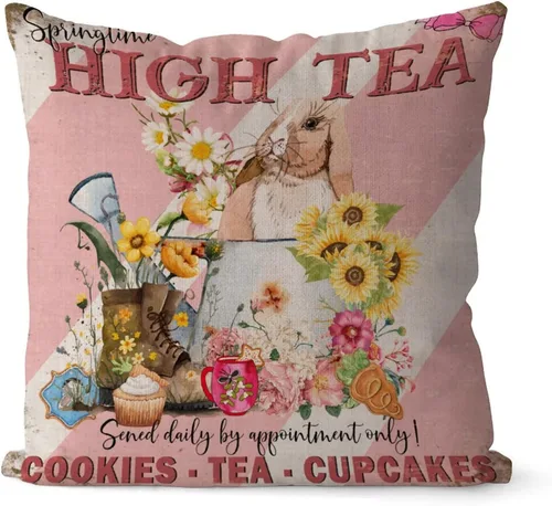 Vista 60 de Fundas de almohada vintage de conejo de Pascua, flores de primavera, huevos de Pascua, Navidad, 16 x 16 pulgadas, funda de almohada de lino