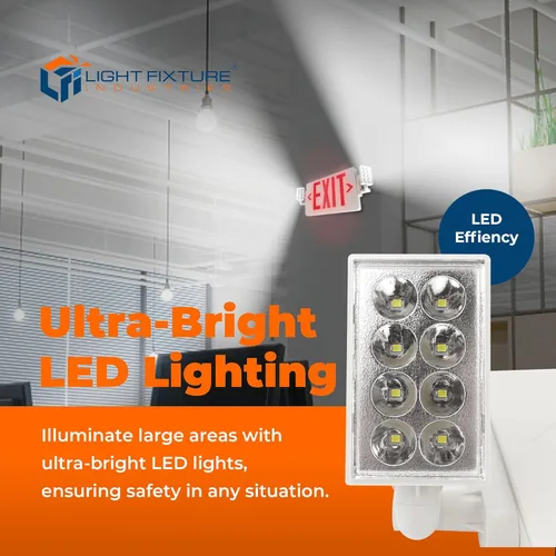 Vista 3 de LFI Lights Thin COMBO UL 924 Listed, LED rojo, señal de salida con luces de emergencia, blanco, 120-277 VCA cableada con batería de respaldo, doble