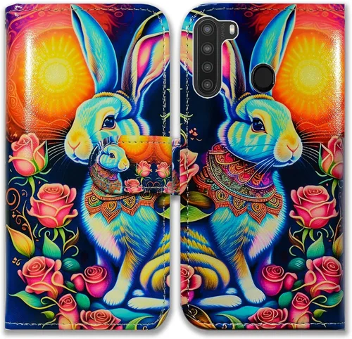 Bcov Case for Galaxy A21,Colorful Mandala Rabbit Flowers Leather Flip Phone Case Wallet Cover with Card Slot Holder Kickstand for Samsung Galaxy A21