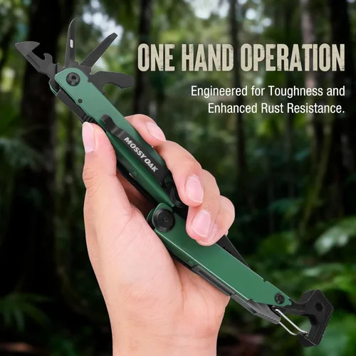 Vista 4 de MOSSY OAK Alicates Multiherramienta Mecanizados por CNC, Herramienta Múltiple 27-en-1 con Cuchillo de Bolsillo, Iniciador de Fuego y Silbato