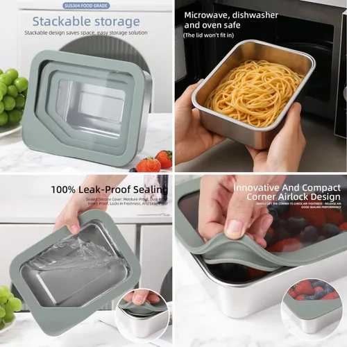 Vista 5 de ecozoi Lonchera de acero inoxidable, juego de 3 piezas con tapas de vidrio, 75 onzas, 40 onzas, 20 onzas, a prueba de fugas, recipientes de metal