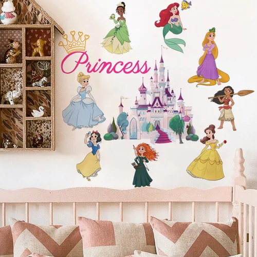 Vista 3 de Runtoo - Adhesivos de pared de princesa para dormitorio de niñas, calcomanías de arte de castillo con corona, decoración del hogar para bebés y niños
