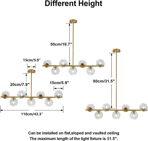 Vista 2 de KCO Iluminación - Lámpara de techo con 7 luces, globo de cristal transparente, candelabro Sputnik, estilo mid century modern, lámpara colgante