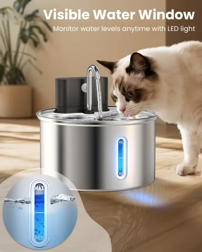 Vista 9 de Fuente de agua inalámbrica para gatos de acero inoxidable con sensor de 3.5L/118 onzas, funciona con pilas, dispensador de agua automático