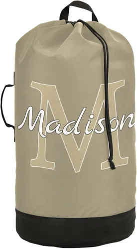 Vista 25 de Beige Bolsa de lavandería de viaje de nylon personalizada para equipaje Organizador de ropa sucia personalizada con cierre de cordón y correas