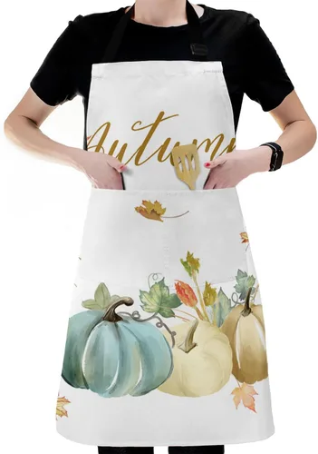 Vista 6 de Waterproof Apron with 2 Pockets, Thanksgiving Fall Pumpkin Watercolor Adjustable Man and Women Kitchen Bib Apron for Baking Cooking Restaurant BBQ