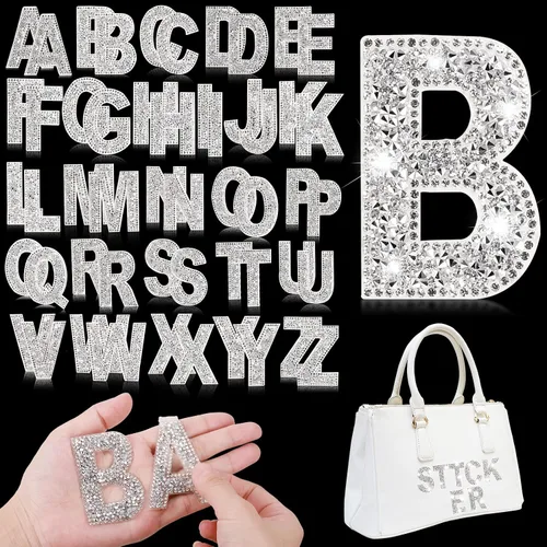 Vista 7 de Yinder 26 piezas de pegatinas de letras con purpurina y diamantes de imitación, diamantes de imitación para planchar, letras autoadhesivas A-Z Negro