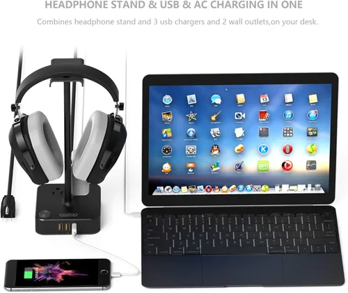 Vista 2 de cozoo Soporte para auriculares con cargador USB soporte para auriculares de escritorio con 3 cargadores USB y 2 tomas de corriente adecuado