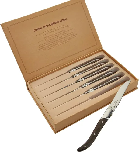 Vista 6 de Laguiole By FlyingColors - Juego de cuchillos para carne, acero inoxidable, mango de madera de wengué, caja de regalo, 6 piezas