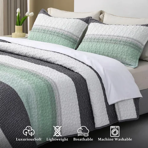 Vista 3 de DURLENGEN Juego de edredón a rayas tamaño Queen 3 piezas, diseño bohemio con rayas blancas, verde menta, azul y gris, juego de edredón ligero