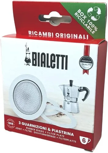 Vista 2 de Repuestos Bialetti, incluye 3 juntas y 1 placa, compatible con Moka Express, Fiammetta, Break, Happy, Dama, Moka Timer y Rainbow (6 tazas)