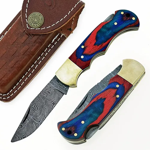 Cuchillo plegable de acero de Damasco hecho a mano personalizado/cuchillo de bolsillo SS-17482 (madera de color rojo y azul) (negro)