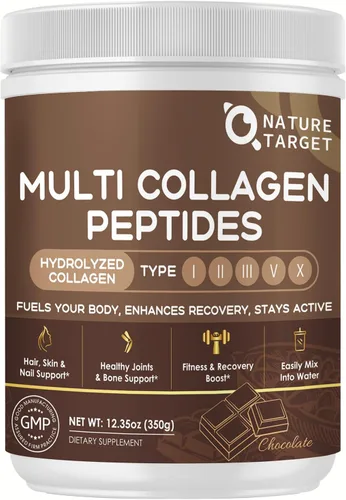 NATURE TARGET Péptidos de colágeno múltiple de chocolate – Colágeno en polvo para mujeres con vitamina C y creatina, apoya la piel, el cabello, las