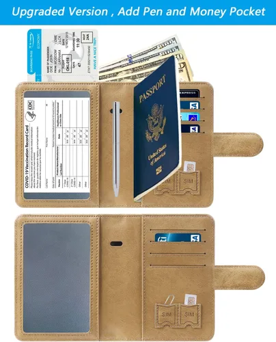 Vista 2 de Funda para pasaporte, cartera con bloqueo RFID, funda de piel para tarjetas, accesorios de viaje para mujeres y hombres, 111#Marrón, Ranura