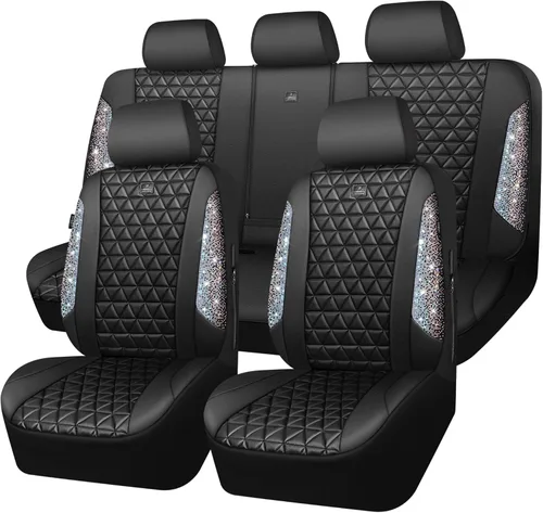 Vista 18 de CAR PASS Todos los juegos completos de fundas de asiento de automóvil de cuero con diamantes brillantes, impermeables, brillantes, ajuste universal