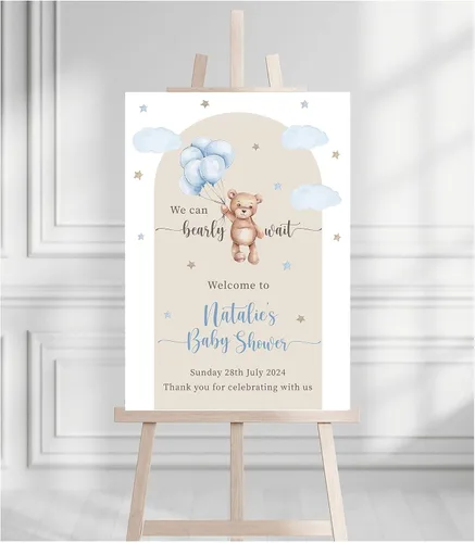 Vista 24 de Letrero de bienvenida para baby shower, personalizable, con texto en inglés «We Can Bearly Wait» Neutral Cute Teddy Bear Theme, varios tamaños Bebé