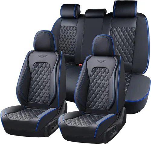 Vista 9 de Coverado - Juego completo de fundas de asiento para automóvil, de piel de napa, protector impermeable con soporte lumbar, con ajuste universal