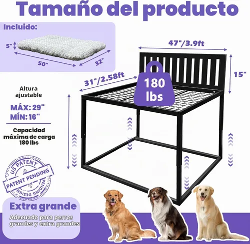 Vista 3 de Beside - Cama para perro, literas para perros de altura ajustable, marco de cama de metal para perros de 47 x 31 pulgadas, con cojín, XL