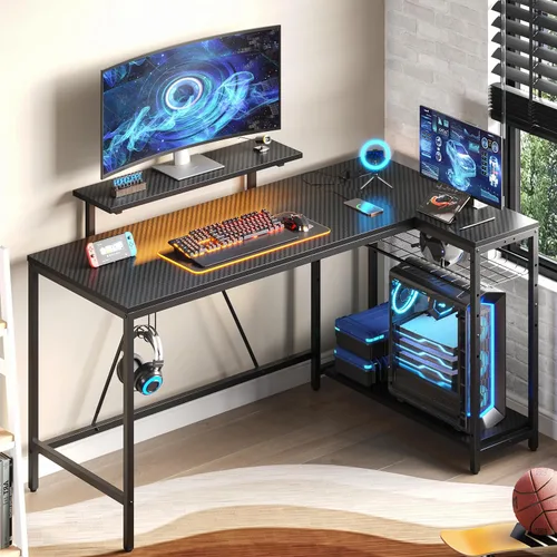 Vista 17 de Bestier Escritorio para juegos de 52 pulgadas con toma de corriente integrada y puertos USB, escritorio para computadora en forma de L con tira LED